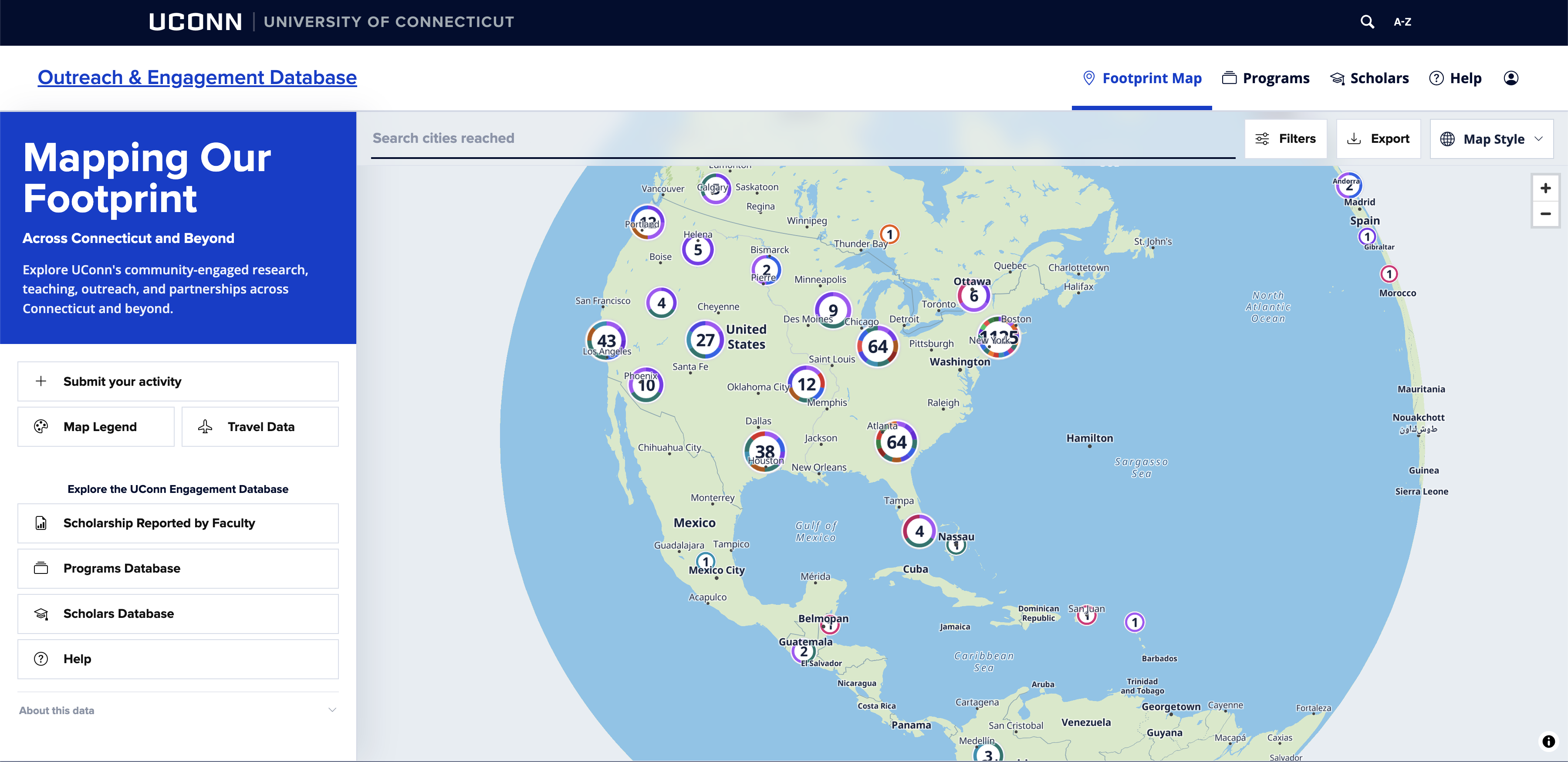 University Outreach and Engagement Database footprint map